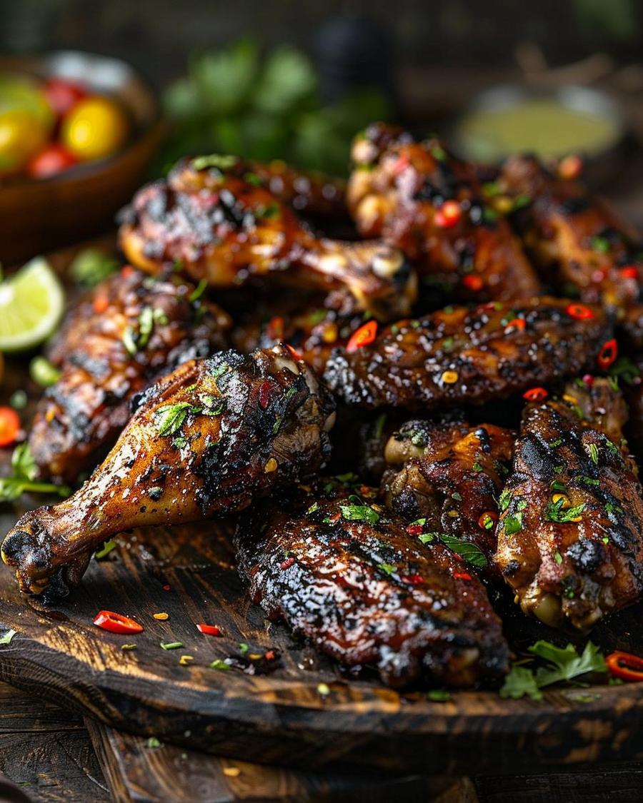 Alt text: Authentic jerk chicken wing recipe being prepared with spicy seasonings and grilled.