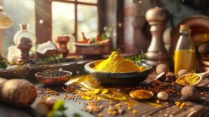 Alt text: "Various ingredients laid out for golden paste recipe preparation."