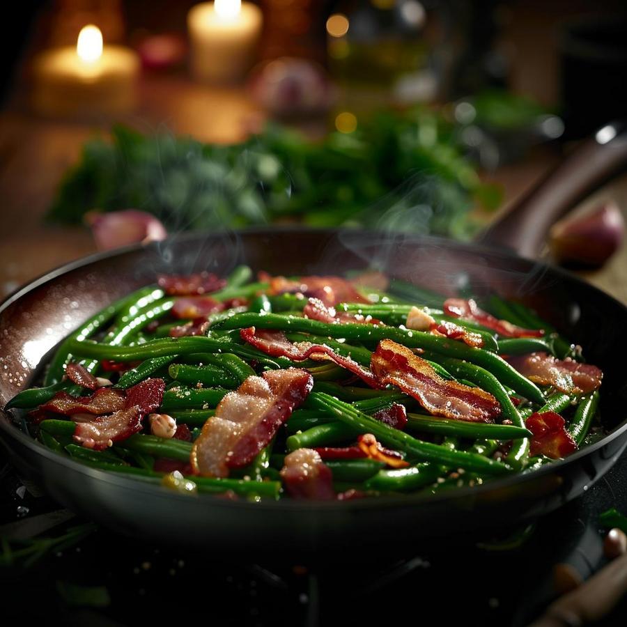 Alt text: Ingredients for delicious green bean bacon recipe with fresh produce.