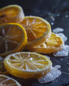 "Close-up of initial steps for candied limes recipe on kitchen counter."