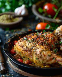 "Chef preparing herb crusted chicken in a kitchen for a cooking class."