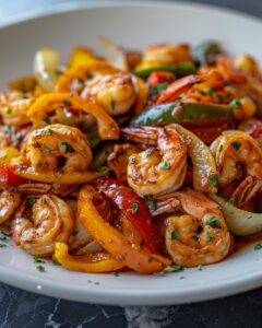 "Step-by-step preparation of jerk shrimp rasta pasta recipe, colorful ingredients on table."