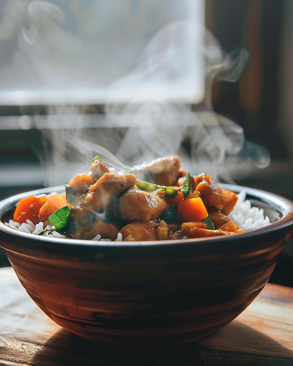 Ingredients Needed Ingredients and steps for Trader Joe's Thai red curry sauce recipe on kitchen counter.