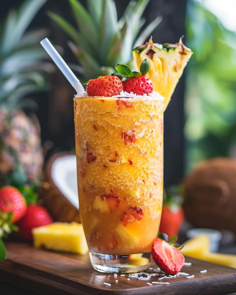 Ingredients Needed for Bahama Mama Tropical Smoothie Ingredients for bahama mama tropical smoothie including fruits and ice on counter.