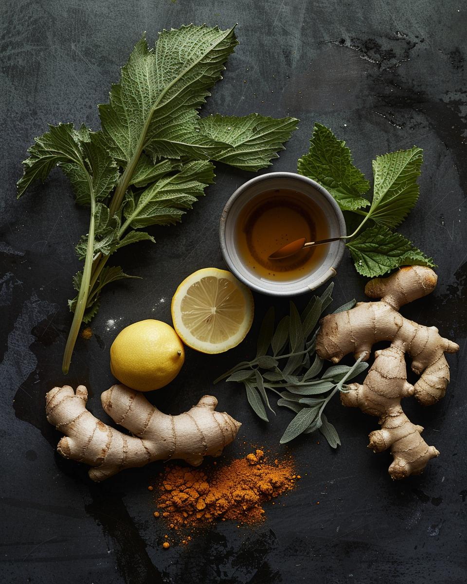 Ingredients Needed for Kidney Cleanse Tea Ingredients for kidney cleanse tea recipe including herbs and lemon on table.