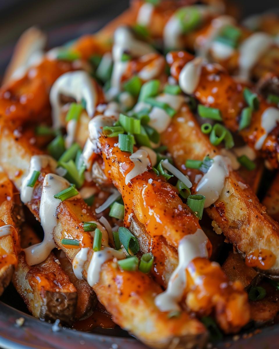 Ingredients for Wingstop Voodoo Fries Ingredients for Wingstop Voodoo Fries including seasoned potatoes, cheese, and spices on wooden table.
