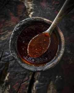 "Chef blending ingredients for homemade cook out sauce recipe in kitchen."