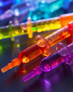 "Steps and ingredients for making jello syringe shot recipe on kitchen counter."