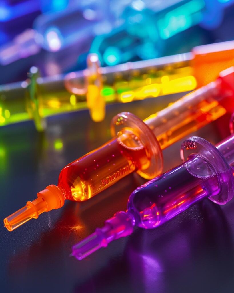 "Steps and ingredients for making jello syringe shot recipe on kitchen counter."