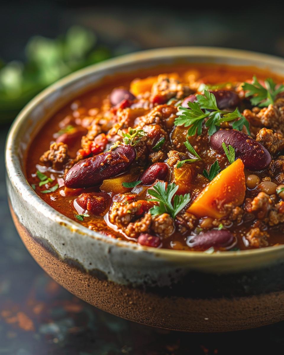 "George demonstrating his famous chili recipe, surrounded by fresh ingredients and spices."