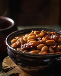 "Family members trying their hands at Grandma Brown's baked bean recipe in the kitchen."