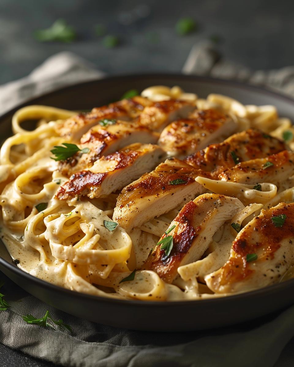 "Guide on making high protein chicken alfredo recipe with healthy ingredients on a plate."