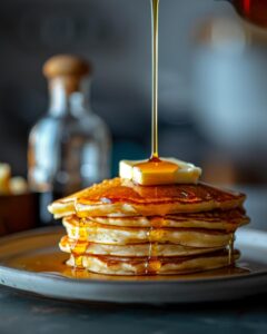 "Chef flipping a pancake using McDonald's pancake recipe in a modern kitchen."