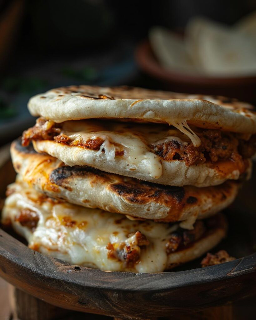 "Step-by-step pupusas de chicharrones recipe preparation on a kitchen counter."
