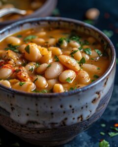 "Step-by-step visual of camellia white beans recipe preparation on kitchen counter."