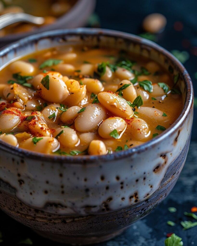 "Step-by-step visual of camellia white beans recipe preparation on kitchen counter."