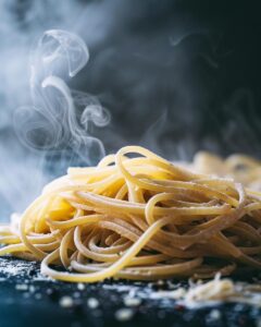 "Chef preparing high protein noodles recipe in modern kitchen, ingredients visible."