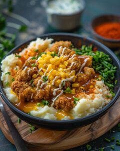 "Step-by-step KFC bowl recipe with chicken breast preparation on a kitchen counter."