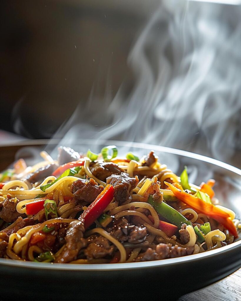 "Chef preparing Trader Joe's squiggly noodles recipe with fresh ingredients on kitchen counter."