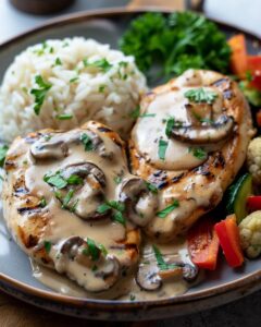 "Step-by-step guide for Texas Roadhouse portobello mushroom chicken recipe on wooden background."
