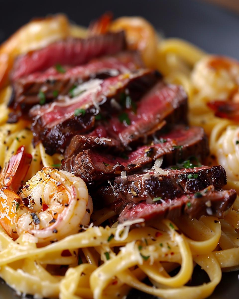 "Chef preparing steak and shrimp alfredo recipe, showcasing ingredients and cooking process."