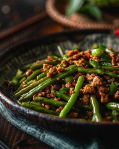 "Din Tai Fung green beans recipe ingredients on kitchen counter."