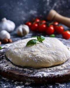 "Sally's apizza dough recipe with ingredients spread out for preparation and cooking."