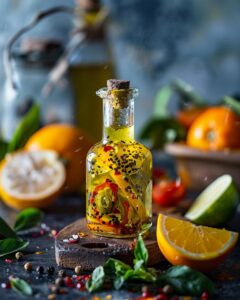 "Simple olive oil lemon juice cayenne pepper recipe ingredients on kitchen counter."