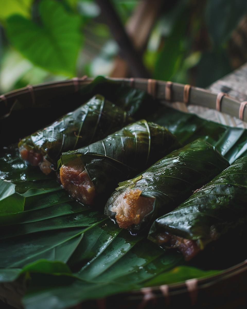 "Step-by-step unwrapping of chicken lau lau recipe showing ease of preparation."