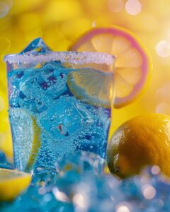 "Person pouring electric lemonade into glasses on a sunny outdoor table."