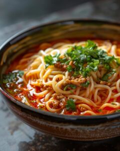 "Chef presenting a delicious Trader Joe's squiggly noodle recipe dish on a white plate."