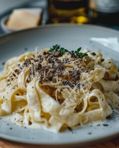 "Chefs preparing truffle mushroom pasta recipe in a professional kitchen setting."
