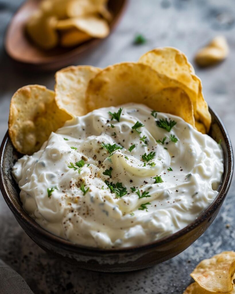 "Person preparing a bowl of Lawson's chip dip in a kitchen."