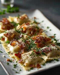 "Step-by-step ravioli carbonara recipe, showing ingredients and preparation on a kitchen counter."