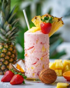 "Bahama mama tropical smoothie with fresh fruits and colorful straw on wooden table."