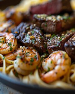 "Step-by-step steak and shrimp Alfredo pasta recipe for a luxurious homemade meal."