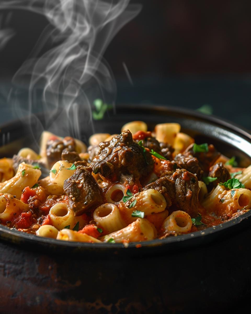 "Step-by-step southwest beef cavatappi recipe on a sunny kitchen counter."
