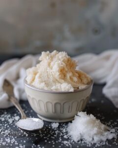 "Step-by-step process of making a whipped sugar scrub recipe at home."