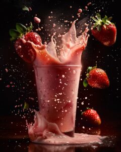 "Man preparing a Smoothie King Strawberry Hulk Smoothie in a modern kitchen."