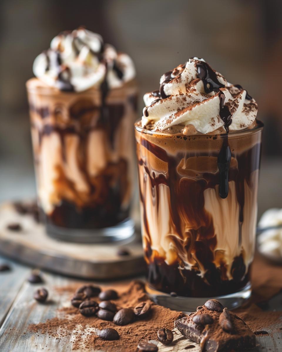 Ingredients Needed for Chick Fil A Mocha Cold Brew Coffee Ingredients for Chick Fil A Mocha Cold Brew Coffee on a wooden table.
