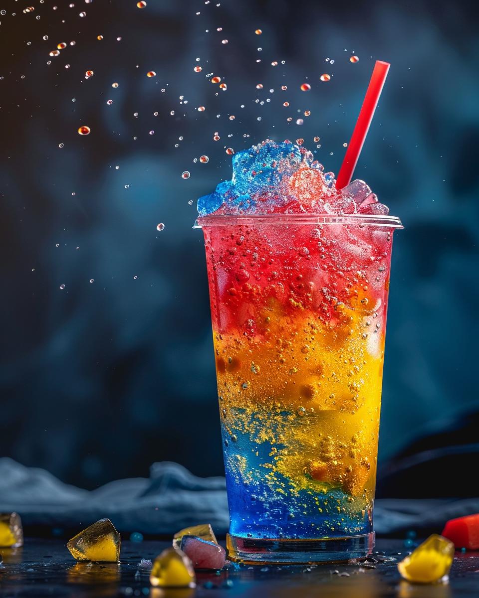 Ingredients Needed for Dutch Bros Rebel Drinks Ingredients for Dutch Bros Rebel drink, including fruits and syrups, on wooden table.