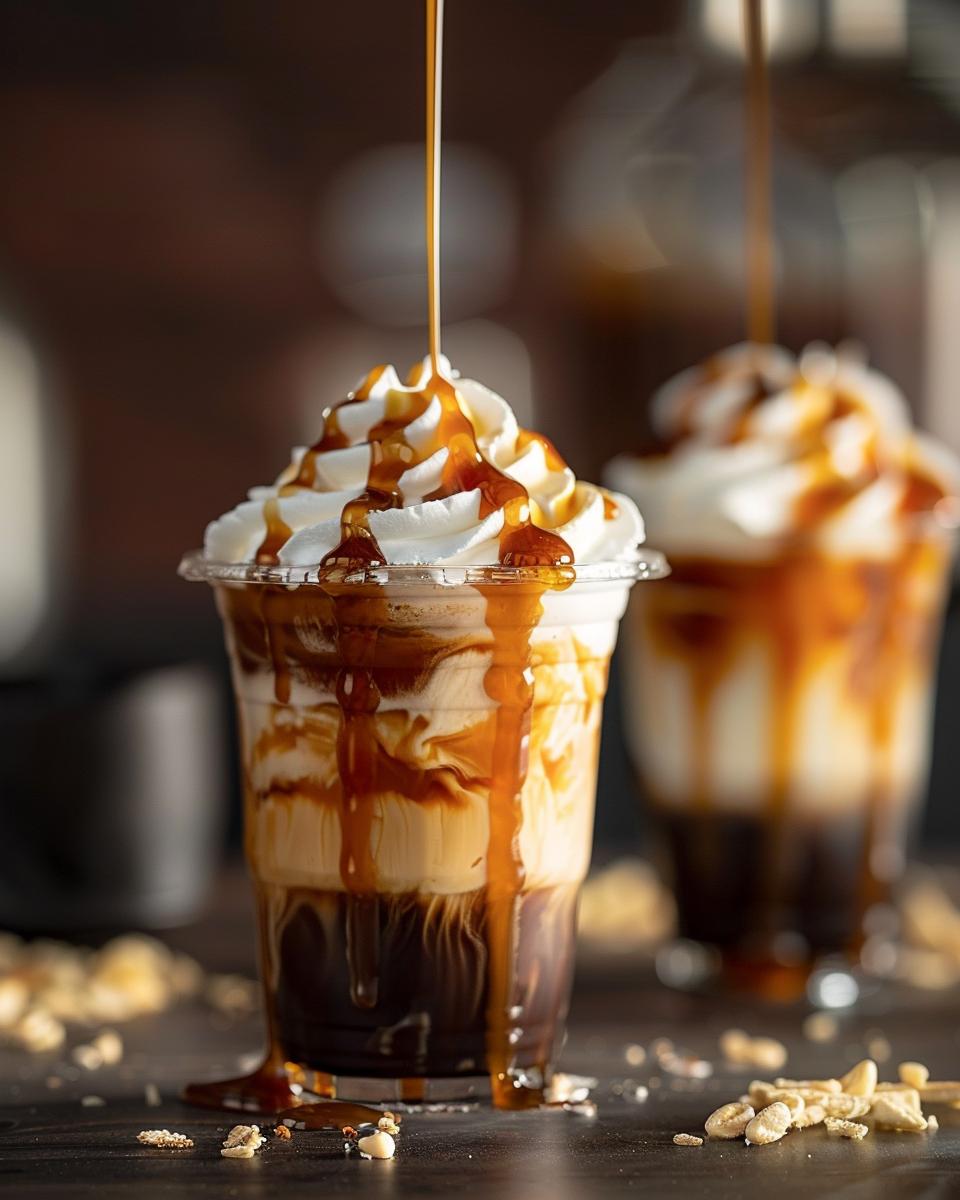 Ingredients Needed for the Caramelizer Ingredients for Dutch Bros Caramelizer including coffee, caramel syrup, and milk on table.