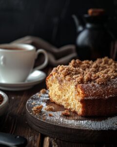 "Ingredients and steps for preparing Starbucks coffee cake on kitchen counter."