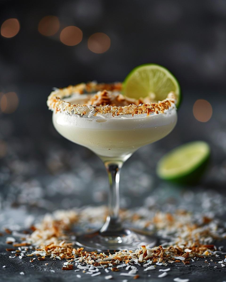 Serving and Storing Ideas and Tips Glass of coconut margarita with garnishes; perfect coconut margarita recipe for serving and storing.