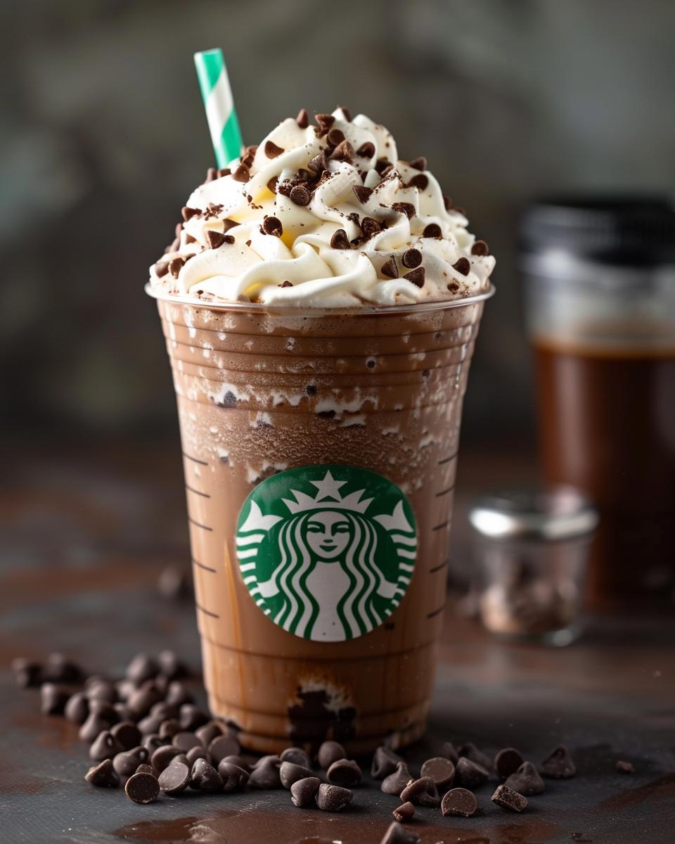 Serving and Storing Your Frappuccino Barista serving a fresh Starbucks double chocolate chip Frappuccino in a glass.