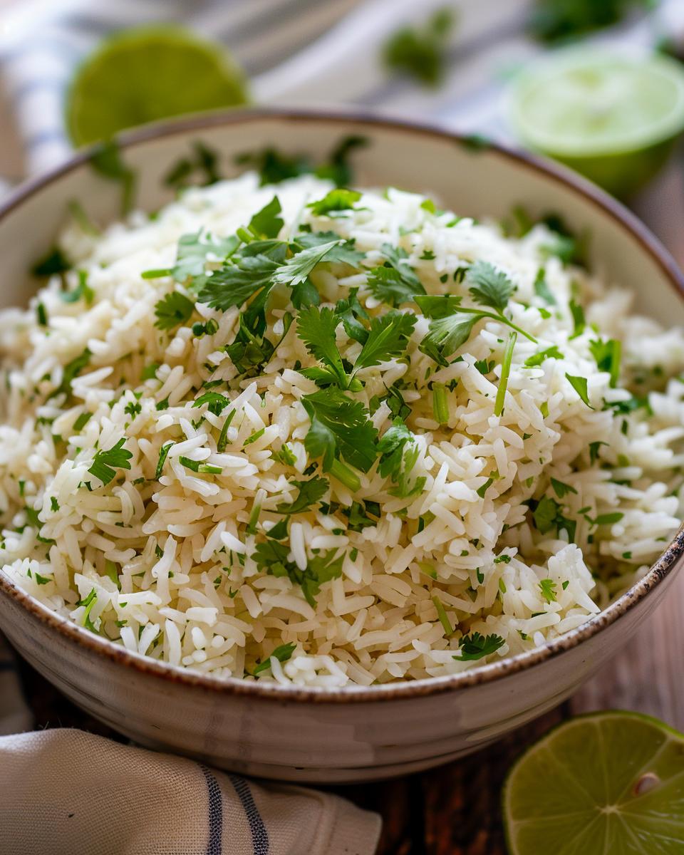 The Ingredients Needed to Make Cilantro Lime Rice Ingredients for cilantro lime rice recipe: rice, cilantro, lime, garlic, salt.