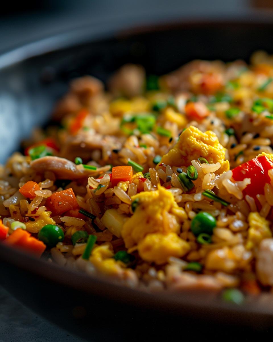 The Ingredients Needed to Make Fried Rice Ingredients for recipe for fried rice, including vegetables, rice, soy sauce, and more.