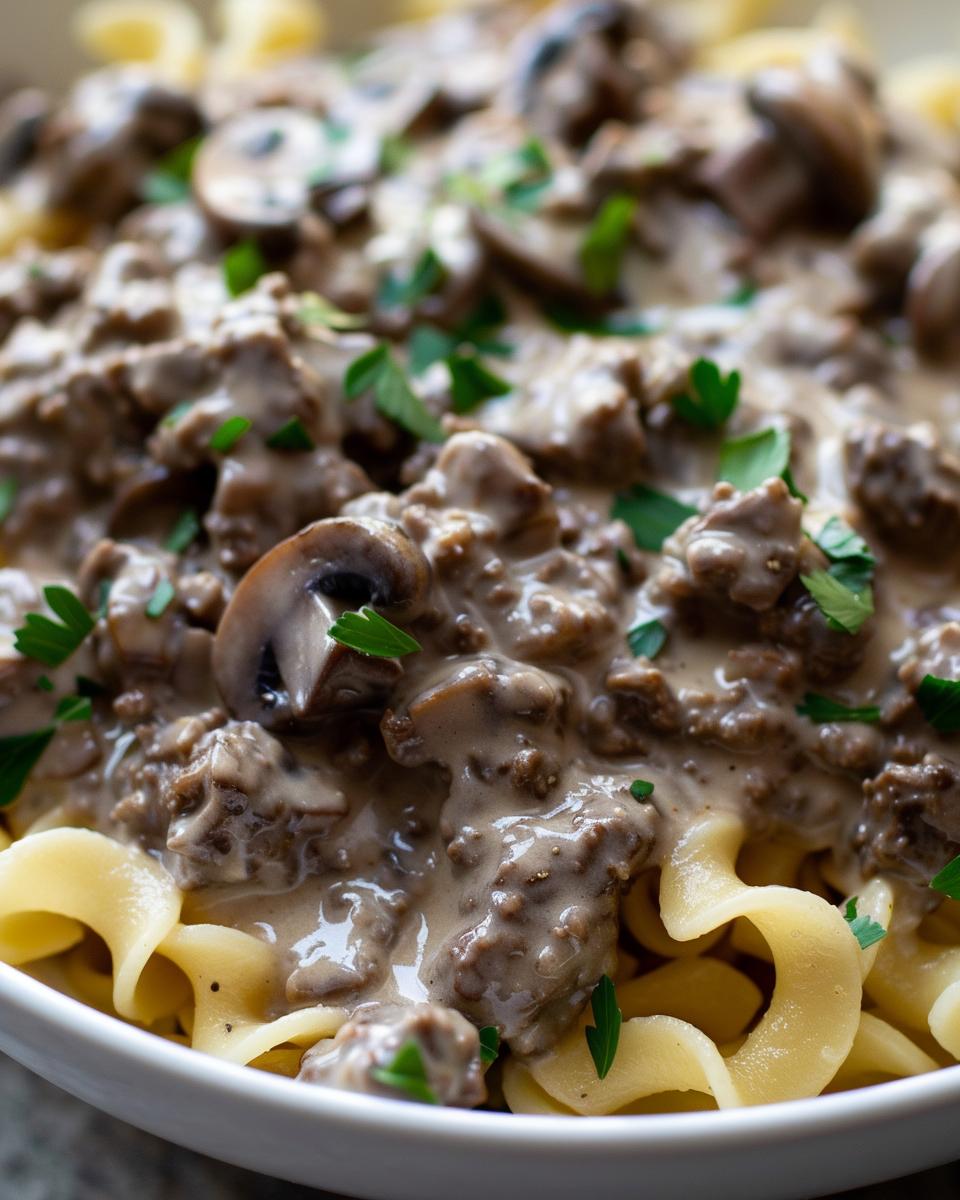 The Ingredients Needed to Make Hamburger Stroganoff Ingredients for hamburger stroganoff recipe including ground beef, onions, mushrooms, and sour cream.