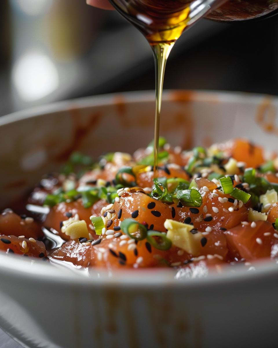 The Ingredients Needed to Make Poke Sauce Ingredients for poke sauce recipe: soy sauce, sesame oil, rice vinegar, sugar, garlic, ginger.