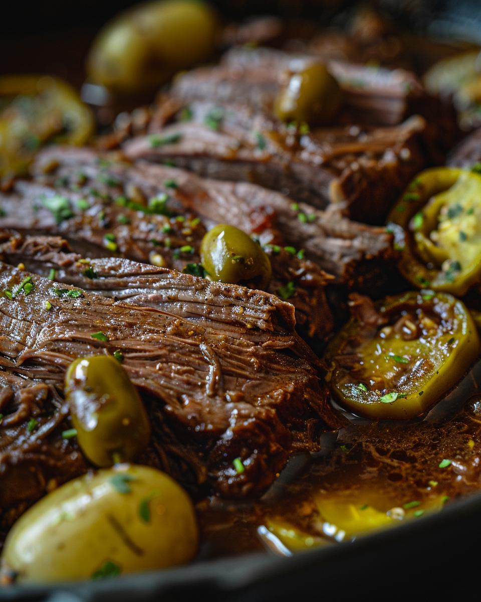 The Ingredients You’ll Need Ingredients for delicious Mississippi pot roast recipe: beef, butter, au jus mix, pepperoncini, ranch seasoning.